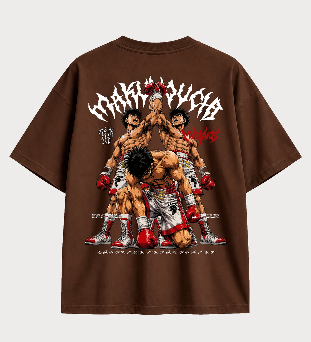 Camiseta oversized Makunouchi Fighting Spirit Hajime no Ippo – costas, cor chocolate