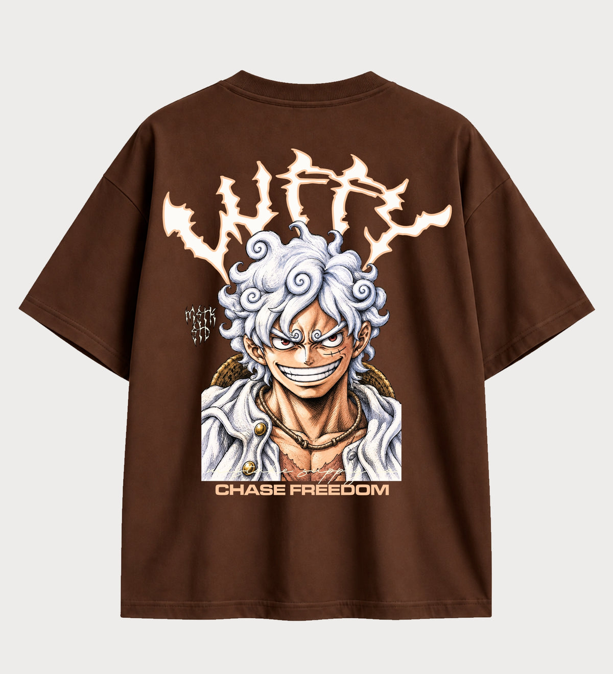 Camiseta oversized Luffy Gear 5 Chase Freedom One Piece – costas, cor chocolate