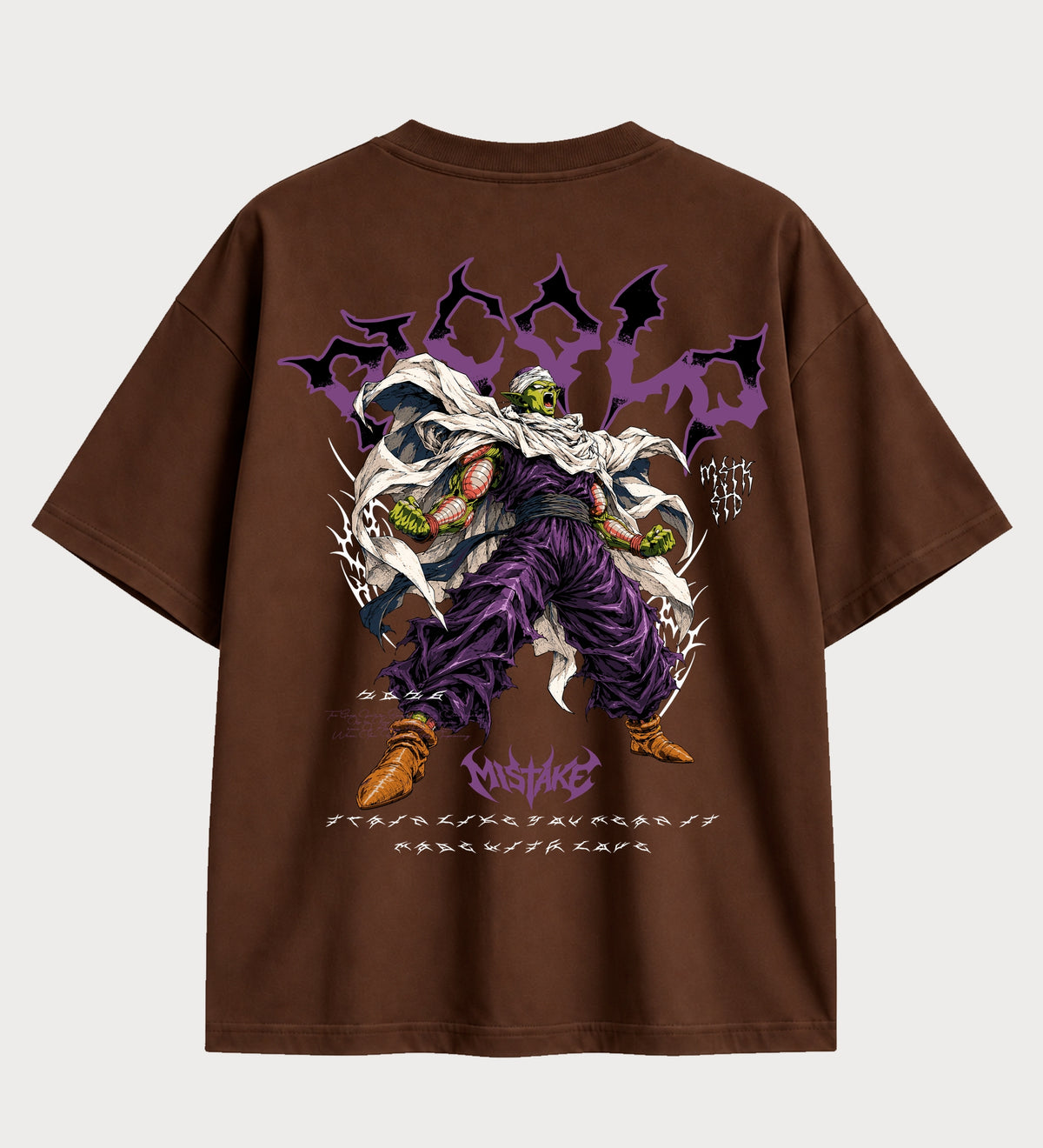 Camiseta oversized Piccolo Namekusei – costas, cor chocolate