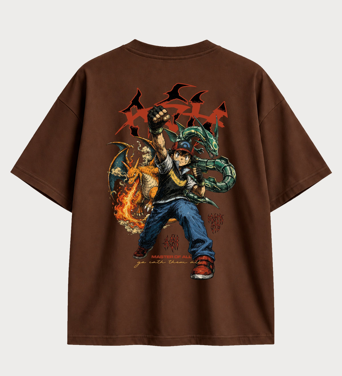 Camiseta oversized Pokémon Ash Master of All – costas, cor chocolate