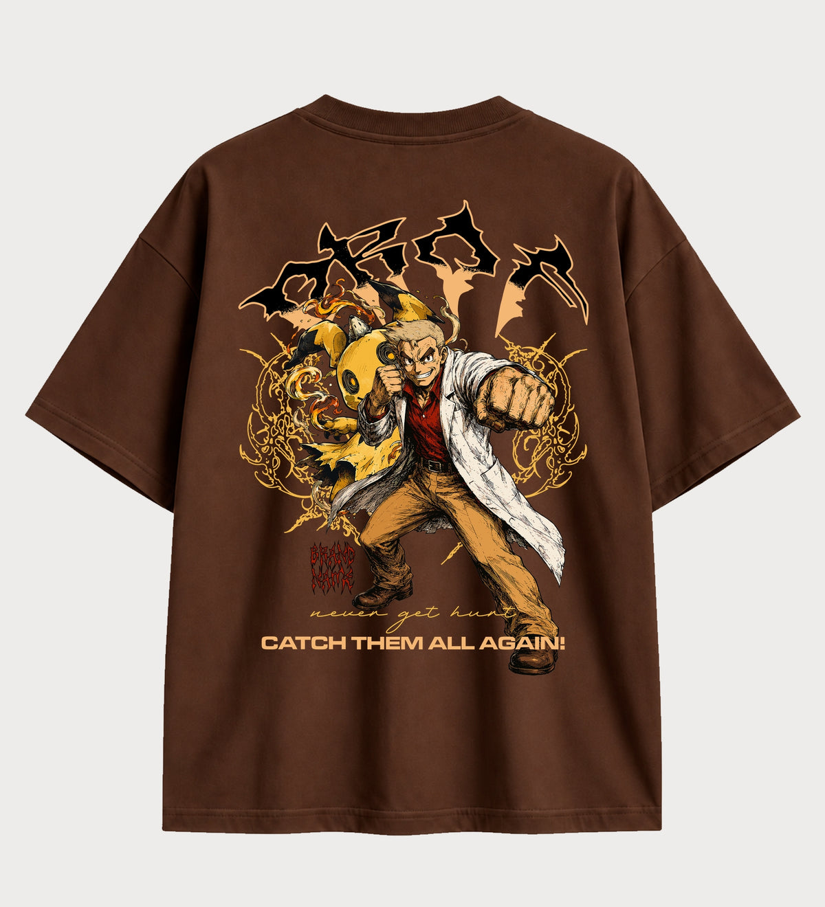 Camiseta oversized Pokémon Catch Them All Again – costas, cor chocolate