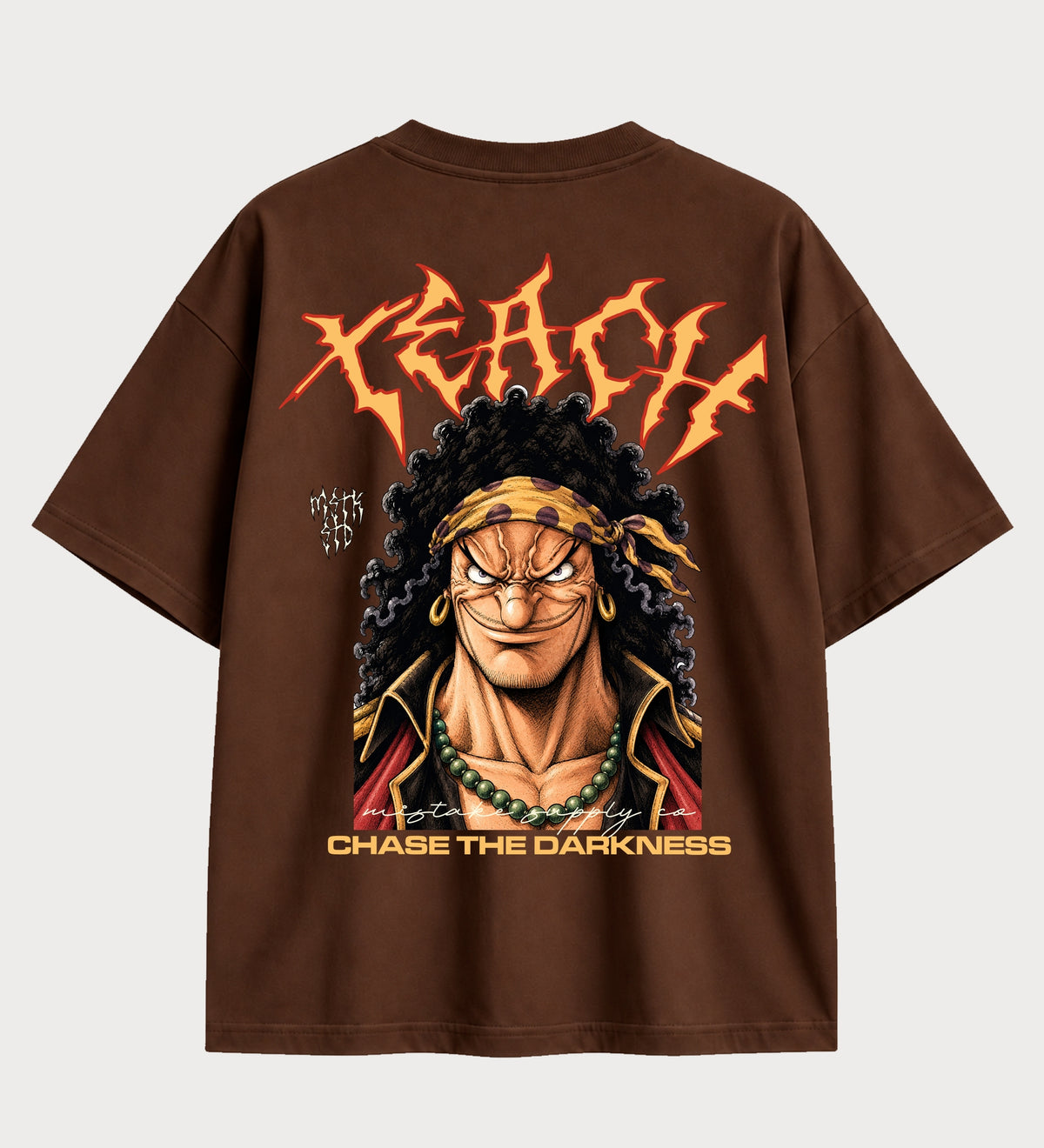 Camiseta oversized Barba Negra Chase the Darkness One Piece – costas, cor chocolate