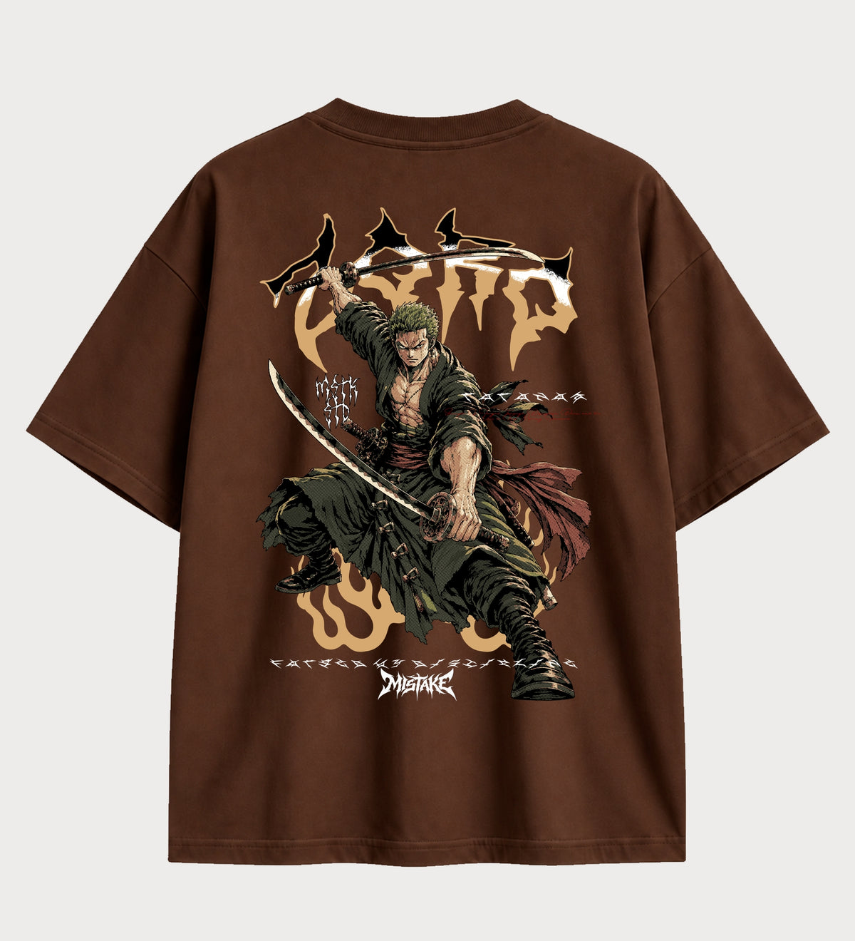 Camiseta oversized Zoro Santoryu One Piece – costas, cor chocolate