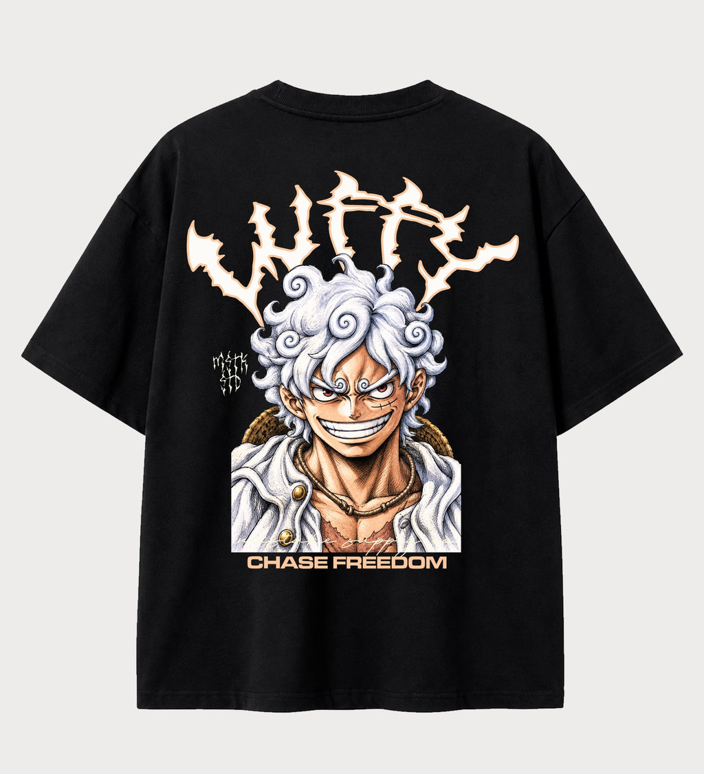 Camiseta oversized Luffy Gear 5 Chase Freedom One Piece – costas, cor preta